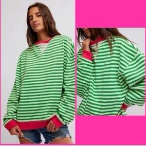 Free People Green Classic Striped Oversized Crewneck